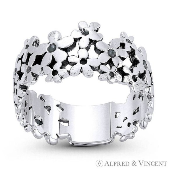 Daisy Flower Charm Band Boho Stackable Ring in .925 Sterling Silver - Size 8 - Picture 1 of 1